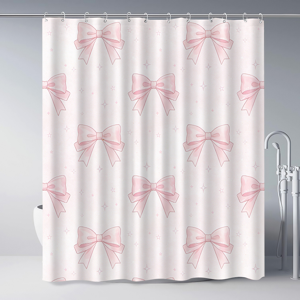 TEMU 1 Pink Bow - Pattern Printed Shower Curtain, Home Decor Shower Curtain, With 12 Hooks, Suitable For Window, Wall, Bathtub And Bathroom Home