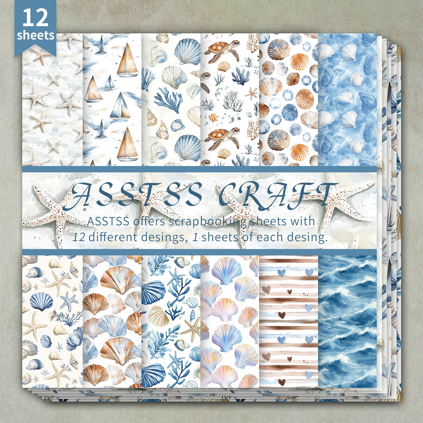 TEMU 12-sheet Asstss 6*6-inch Scrapbooking Paper Pad | Watercolor Coastal Ocean Theme Backing Paper Supplies, Heavyweight Cardstock For Journaling,