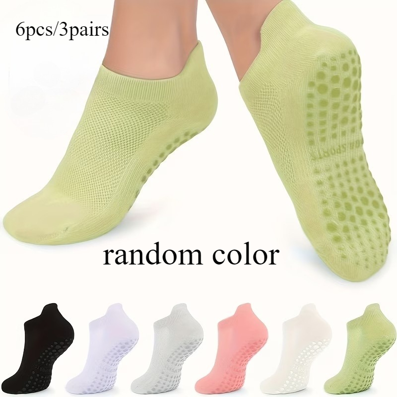 TEMU 6 pièces/3 paires - Chaussettes de yoga antidérapantes pour femme, couleur aléatoire, adaptées au Pilates et à de sport, chaussettes de sport