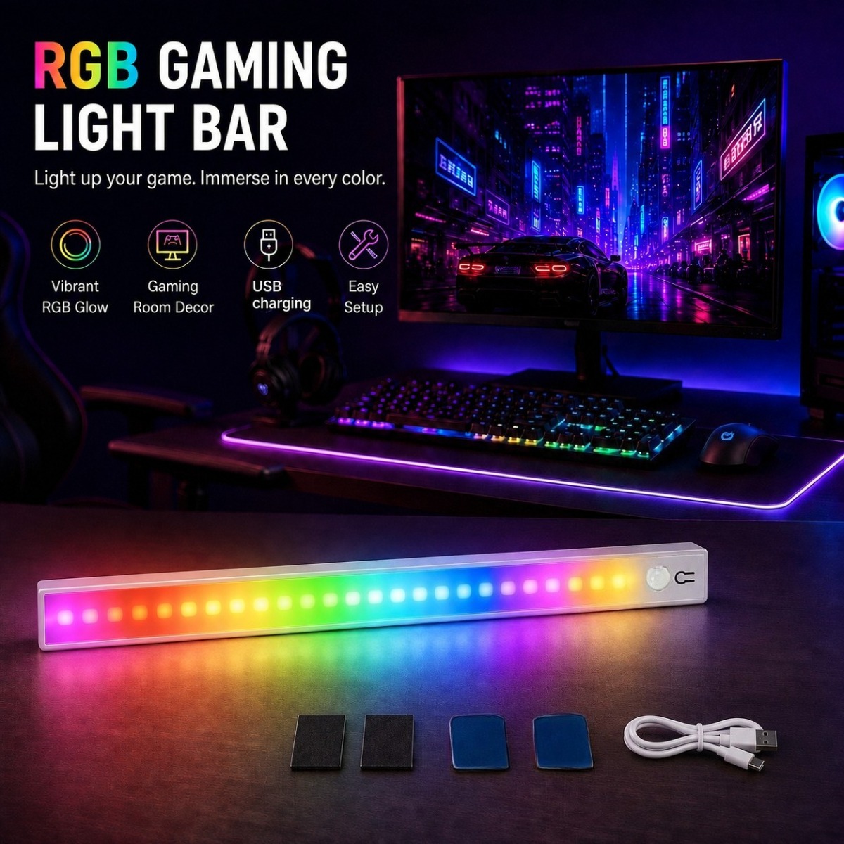 TEMU Bande lumineuse à détecteur de mouvement RVB, applique murale magnétique rechargeable, éclairage pour meuble, petite veilleuse, disponible en