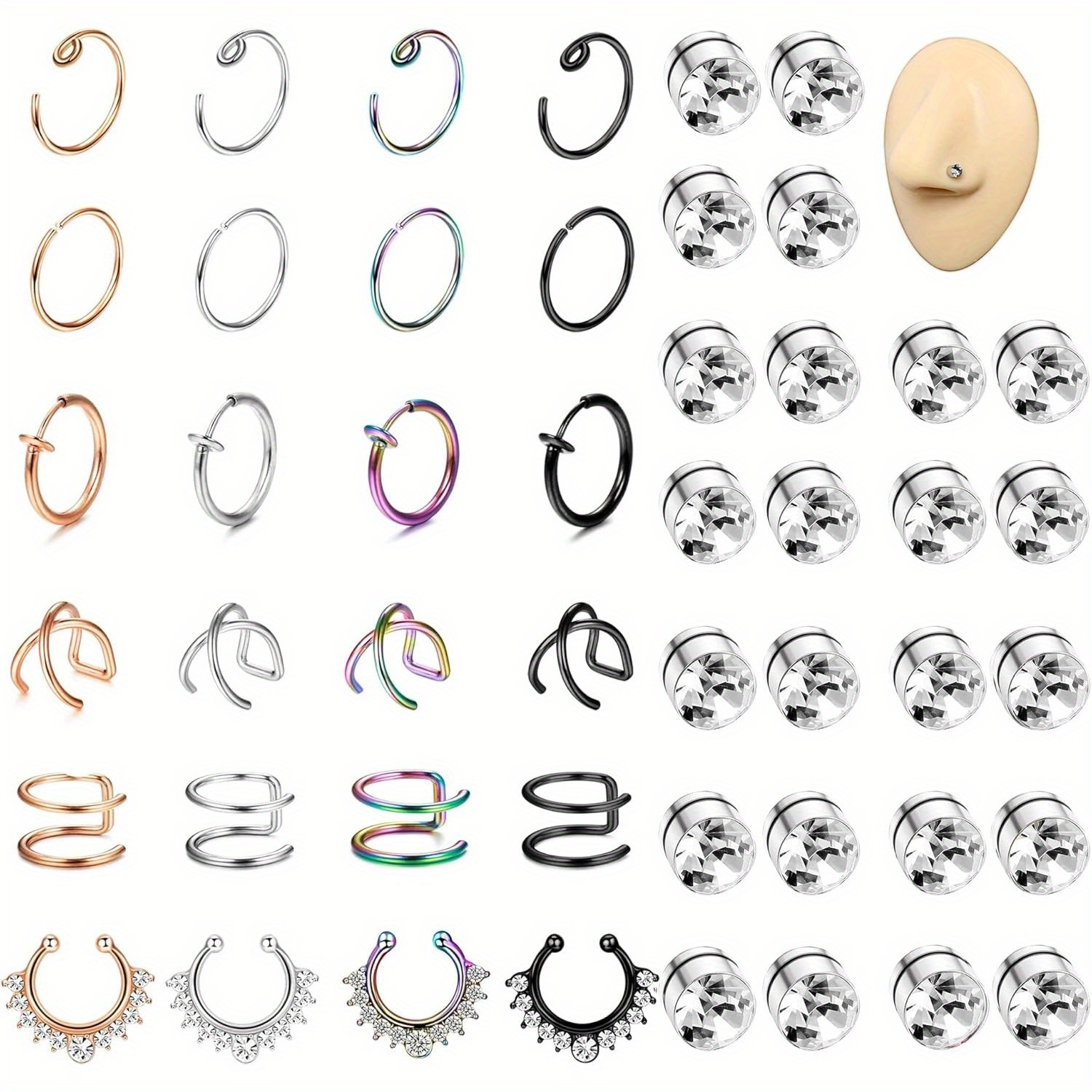 Image of 46pcs Fake Nose Ring - Stainless Steel Fake Nose Rings For Women Small Faux Septum Nose Ring Stud Cz Lip Ring Stud Nose Cuff Cartilage Earring Small Non Piercing Nose Ring Faux Piercing Jewelry