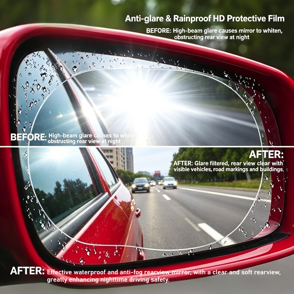 TEMU Ensemble de 4 films anti-buée et imperméables pour rétroviseurs de voiture, autocollant PVC anti-pluie, film protecteur anti-éclaboussures et