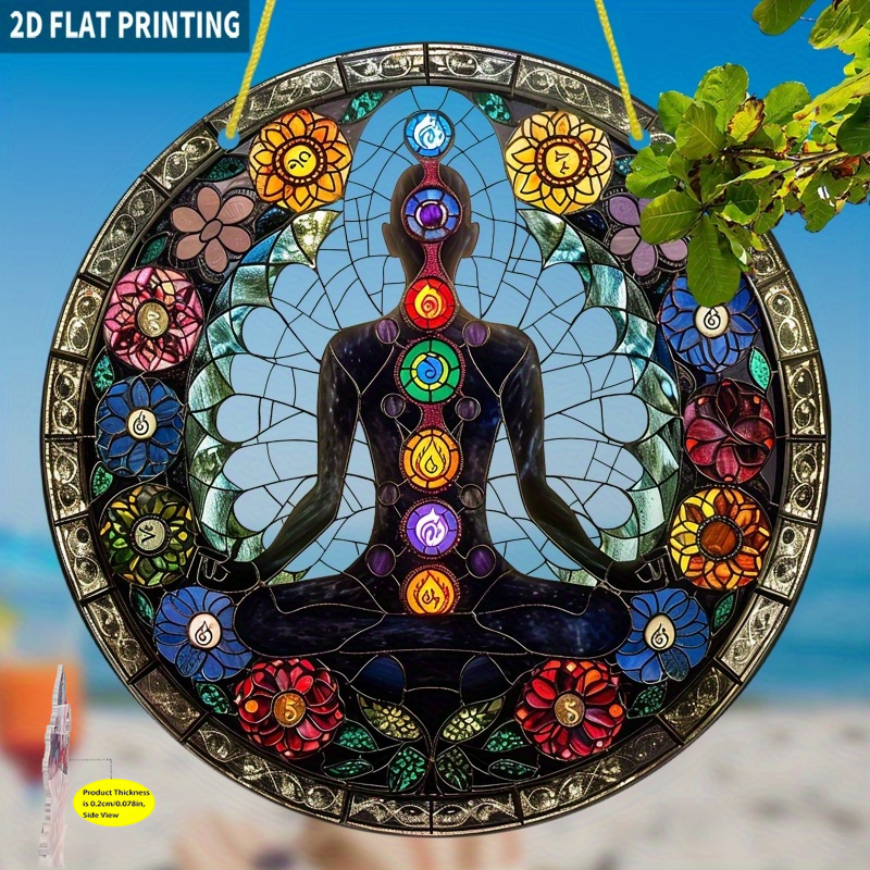 TEMU 2d Flat - 2d Puzzle Featuring A Yoga Chakra Mandala Sun Catcher, Made Of Round Acrylic. It Resembles A Colored Window And Used As A Hanging