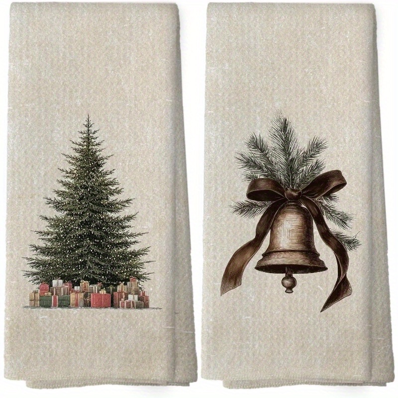 2pcs 18*26 Inch Vintage Christmas Kitchen Dish Towels Set Of 2, Christmas Kitchen Gifts, Rustic Farmhouse Winter Xmas Seasonal Hand Towels Tea Towel Decorations