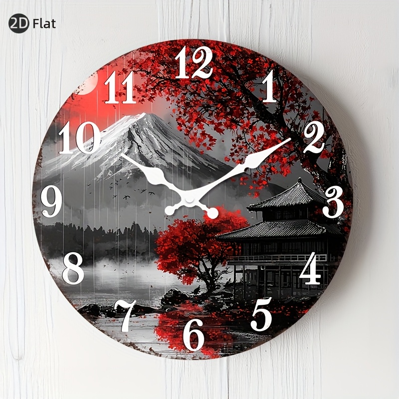 a 2d flat wall clock with no ticking sound round shape featuring a japanese landscape design with   suitable for   living rooms bedrooms dining areas and  