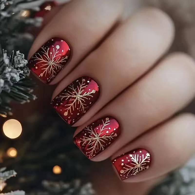 TEMU 48pcs Christmas Press On Nails Short Fake Nails Golden Snowflake Glitter False Nails With Designs Red Xmas Full Cover Glue On Nails Winter