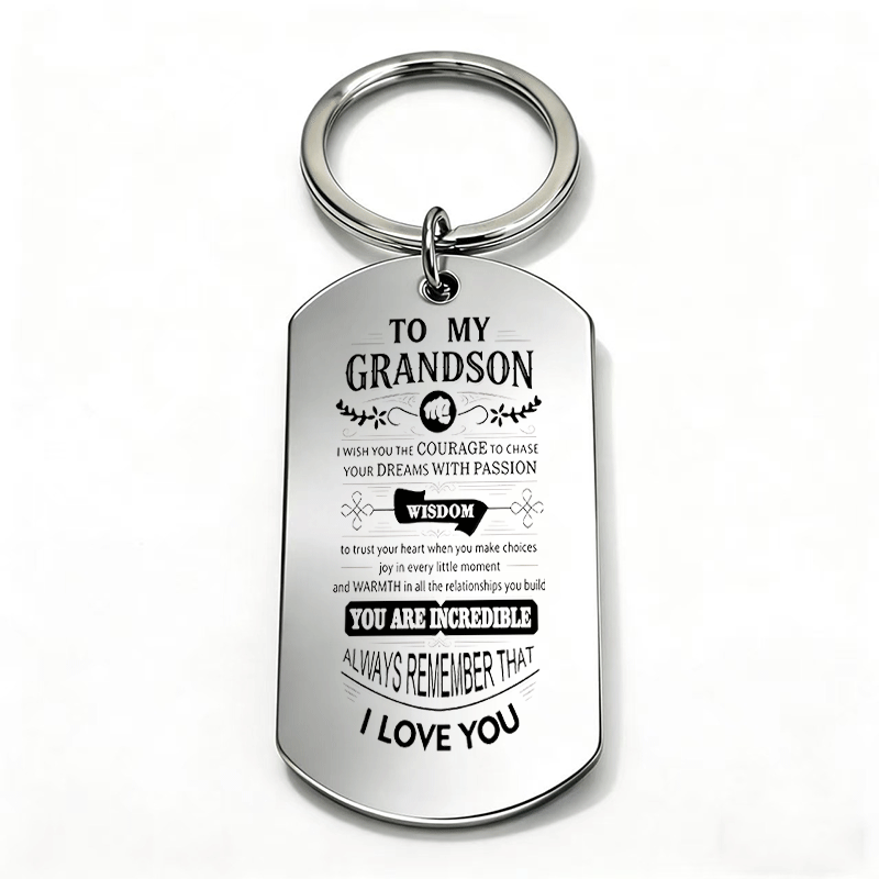 TEMU 1pc Metal To Grandson Inspirational Creative Pattern Keychain Military Tag Car Pendant Key Chain Suitable For Grandson, Junior And Groups Is A