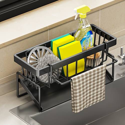 multi function kitchen sink organizer with towel rack heavy duty metal sponge holder dish soap storage box and self draining tray no drill installation space saving under sink design suitable for restaurants or commercial kitchens