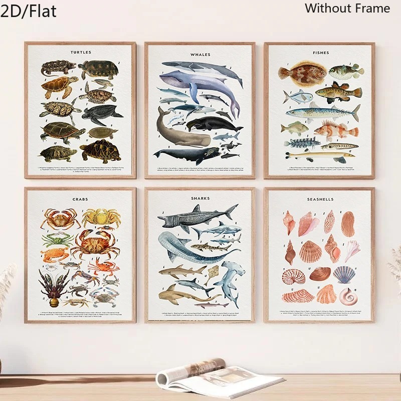 TEMU 6pcs Art Decorative Painting, Whale Shark Shell Sea Turtle Octopus Fish, Wall Art Canvas Painting Print, Living Room Home Decoration Painting