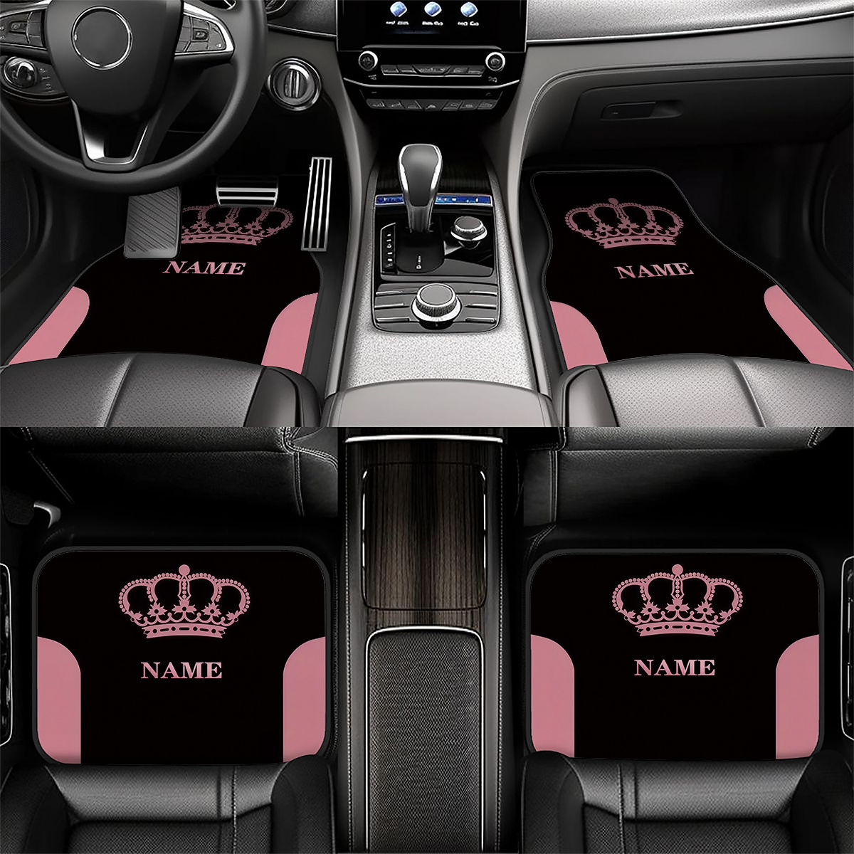 TEMU 4pcs Customizable Name Car Floor Mats With Pink Crown, Personalized - Easy-to-clean Car Interior Accessory - Suitable For Sedans, Trucks, And