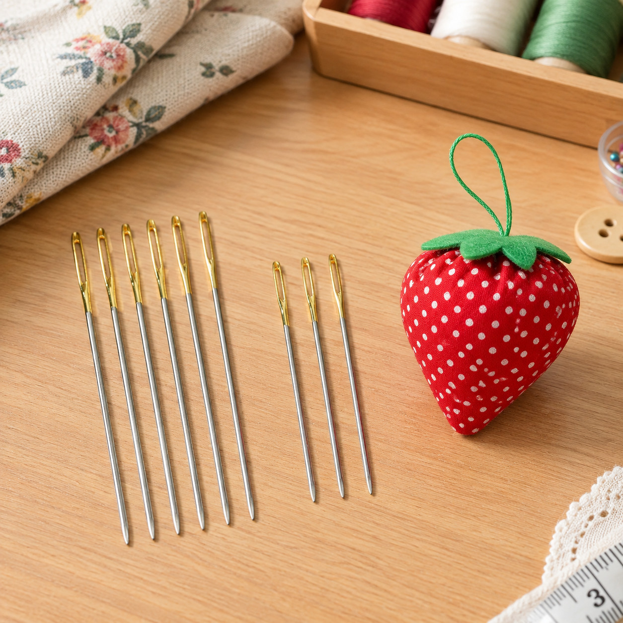 Gold-Tail Hand Sewing Needles with Strawberry Pin Cushion, 4cm x 5 & 3.5cm x 3
