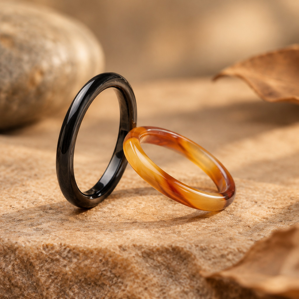 2pcs Black Agate & Brown Agate Natural Stone Ring Set