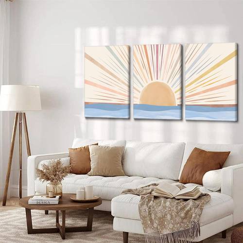 2D Flat, 2D Flat, Set of 3 F med Boho Canvas Wall Art Sun Line Pictures Prints Wall Decor Modern Century ow Posters Nature for Living Room Bedroom Bathroom Office