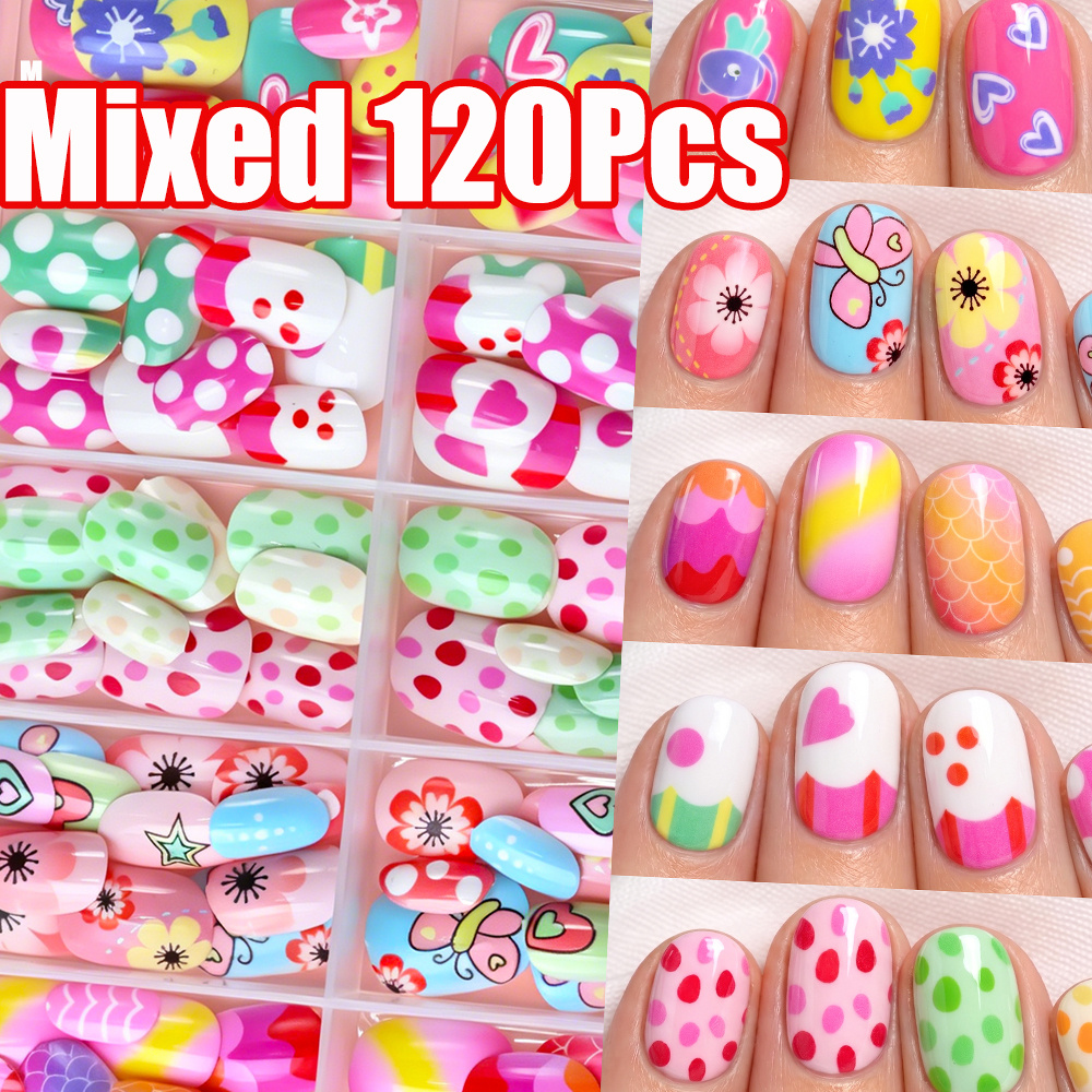 TEMU 120pcs Mixed Macaron Colorful Press On Nails Cute Polka Dot/flower/love Heart Short Oval Fake Nails With Jelly Glue Full Cover Kawaii Tips