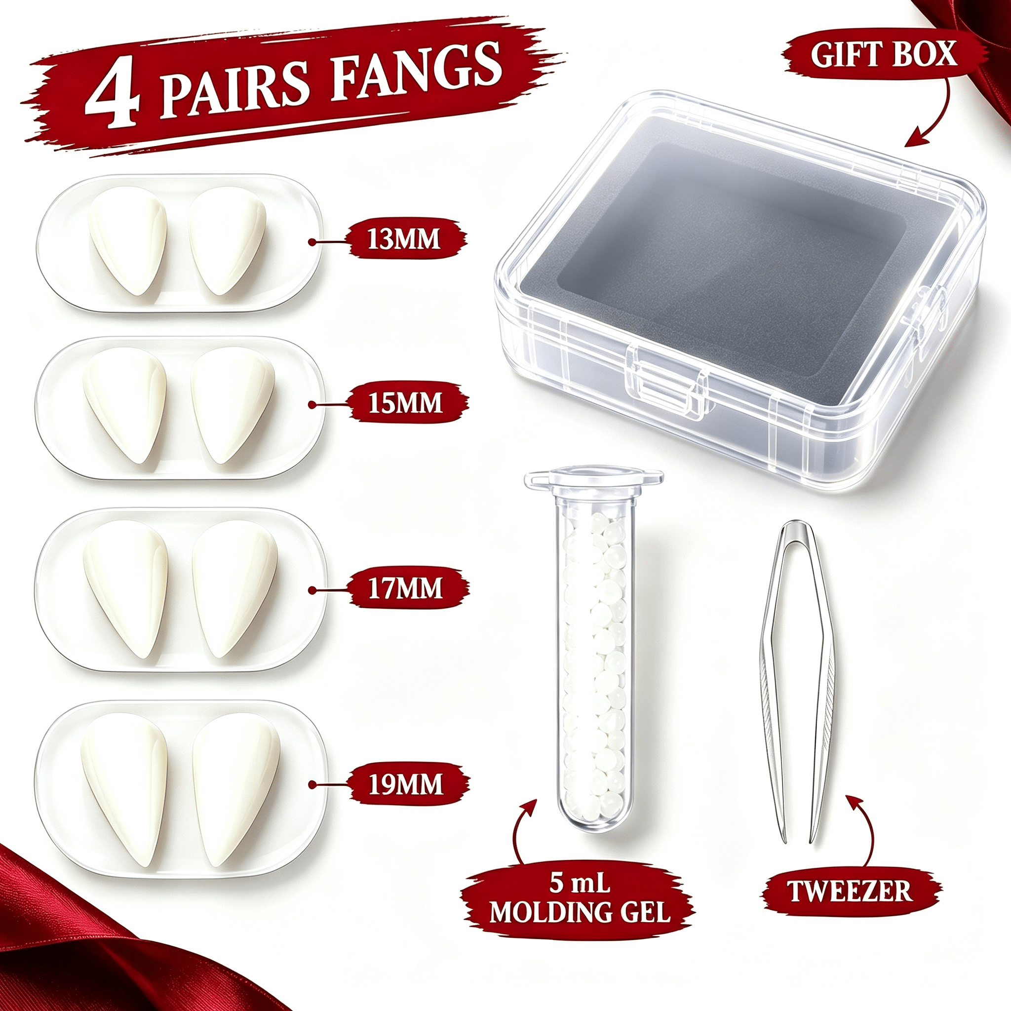 TEMU 7pcs For Halloween Vampire Fang Set (includes 4 Pairs Of Realistic Vampire Fangs, 5ml Shaping Gel, Tweezers, And Gift Box) Reusable And Suitable