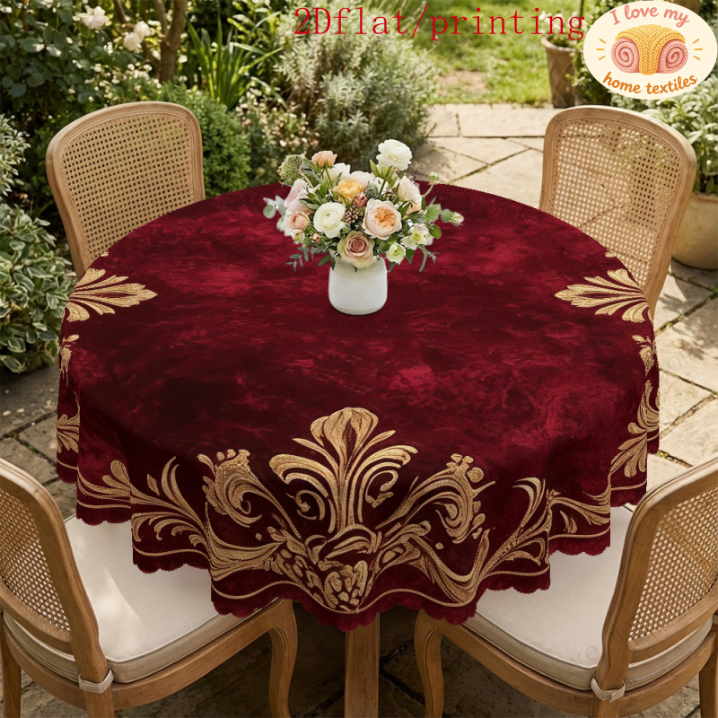 TEMU Round Tablecloth 1pc Lace/festive Wedding Banquet Burgundy Baroque Scroll Pattern Round Tablecloth, Golden Pattern Tablecloth, 2d Flat Printing/
