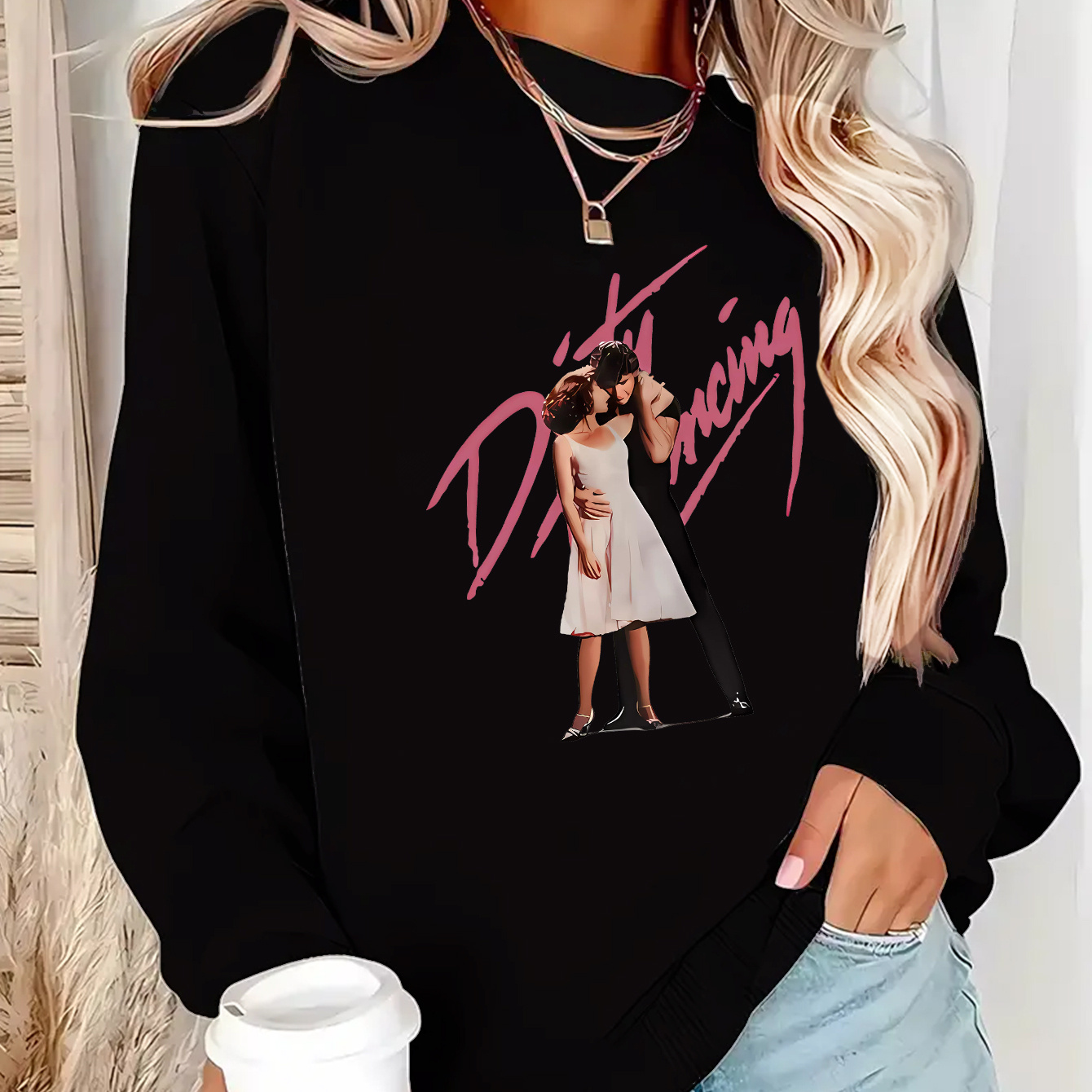 

Print Y2k Style - Cozy Fleece-lined Pullover Sweatshirt With Cartoon Art Letter Print, Round Neck, Long Sleeves - Casual & Sports Wear