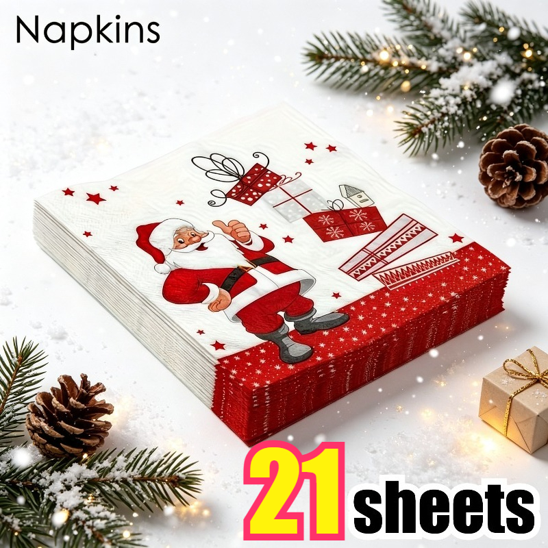 TEMU 21-pack Christmas Party Napkins - Santa Claus, Red And White Holiday Table Decor - Thickened Disposable Napkins, Suitable For Christmas Dinner,