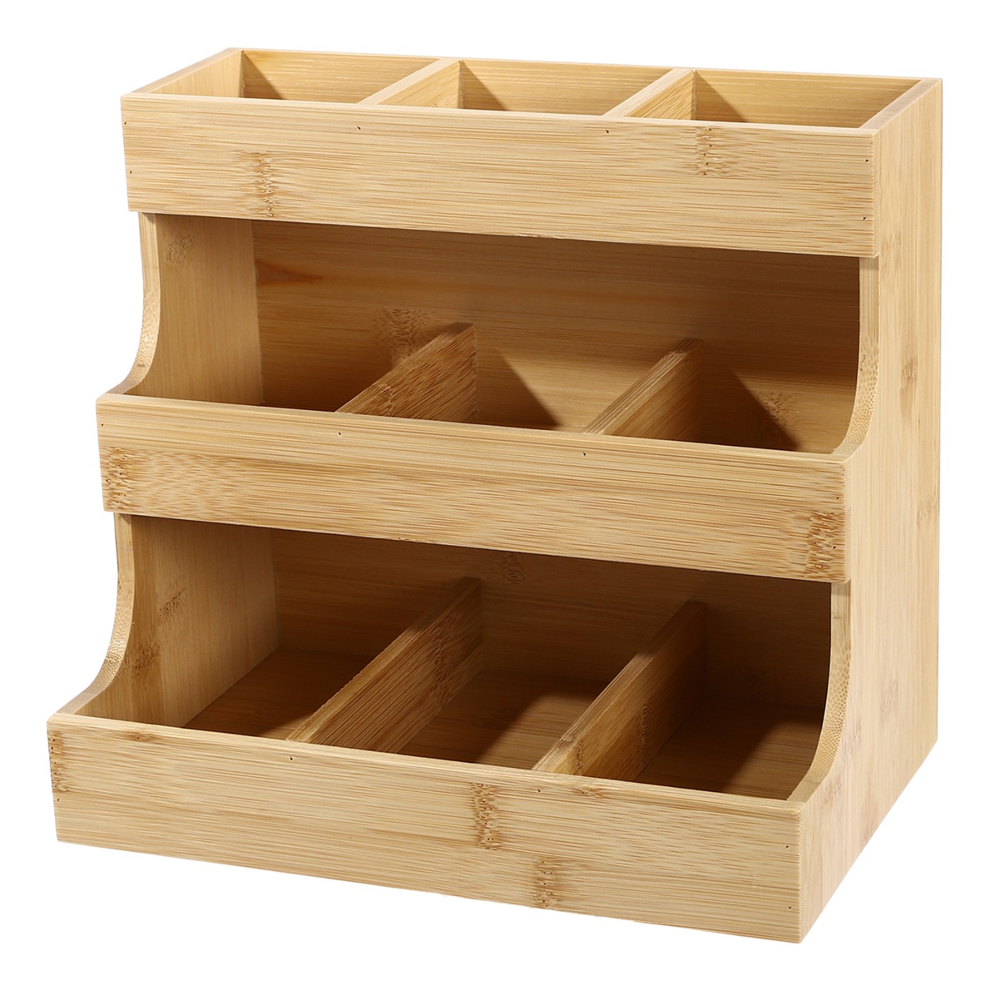 TEMU Organisateur de Sachets de Thé 3 Niveaux 9 Compartiments 27x17,5x24cm Support de Comptoir Trapézoïdal Couleur Bois Charge 5kg Prêt à l'Emploi