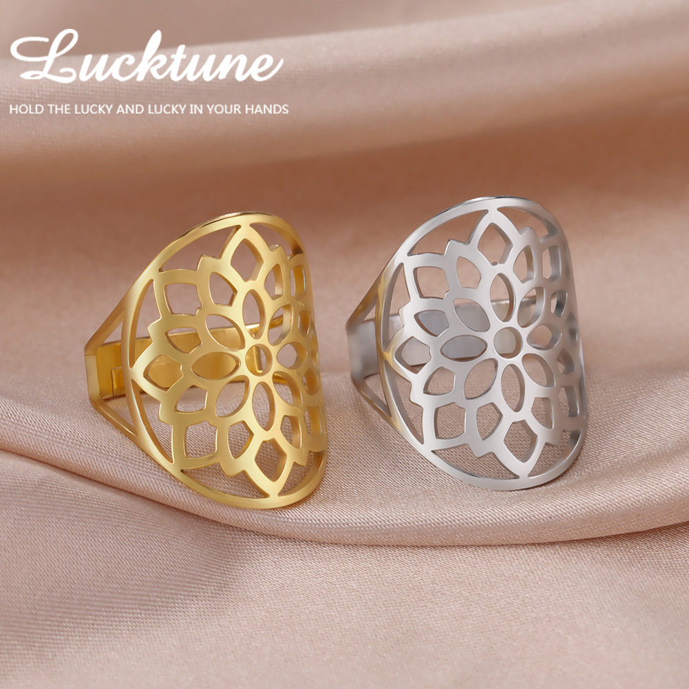 Men's Bohemian Adjustable Lotus Flower Ring, Vintage Design