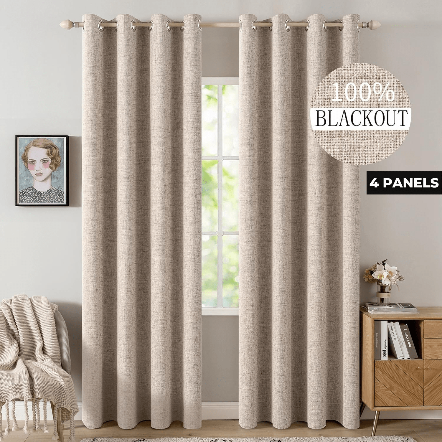 TEMU 4pcs Set Of 100% Blackout Linen Textured Curtains For Bedroom, Sound And Heat Insulation, High Quality And Thermal Insulation, With , Blackout