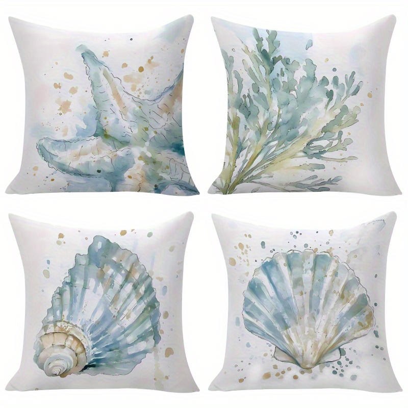 TEMU 4pcs Watercolor Ocean Theme Pillow Covers With Shell And Starfish Pattern, Fresh Artistic Cushion Covers In 3 Sizes, Soft Polyester Fiber,