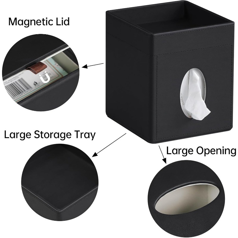 modern   leather tissue box cover with storage tray - square decorative organizer with   lid & hygienic design, space-saving black tissue holder for bathroom vanity, bedroom nightstand, office desk - durable & easy- , fits standard tissues, minimalist home decor, bathroom tissue holder, toilet tissue holder for bathroom, tissue box with storage, tissue box holder vintage, bathroom tissue roll holder, toilet paper holder for bathroom, bathroom decor and Product details 3