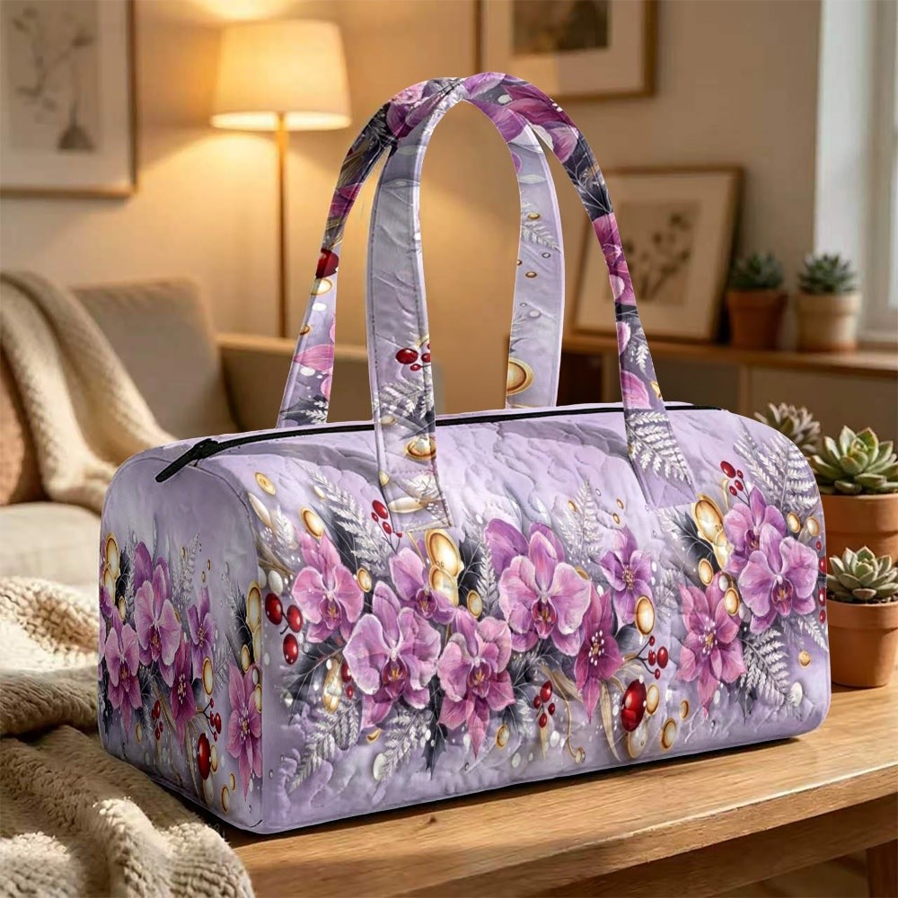 Image of Elegant Orchid And Floral Print Women's Shoulder Bag, Material With Golden Accent Silvery Foliage Detail, Multiple Specifications , Ideal For Daily And Holiday Gifting