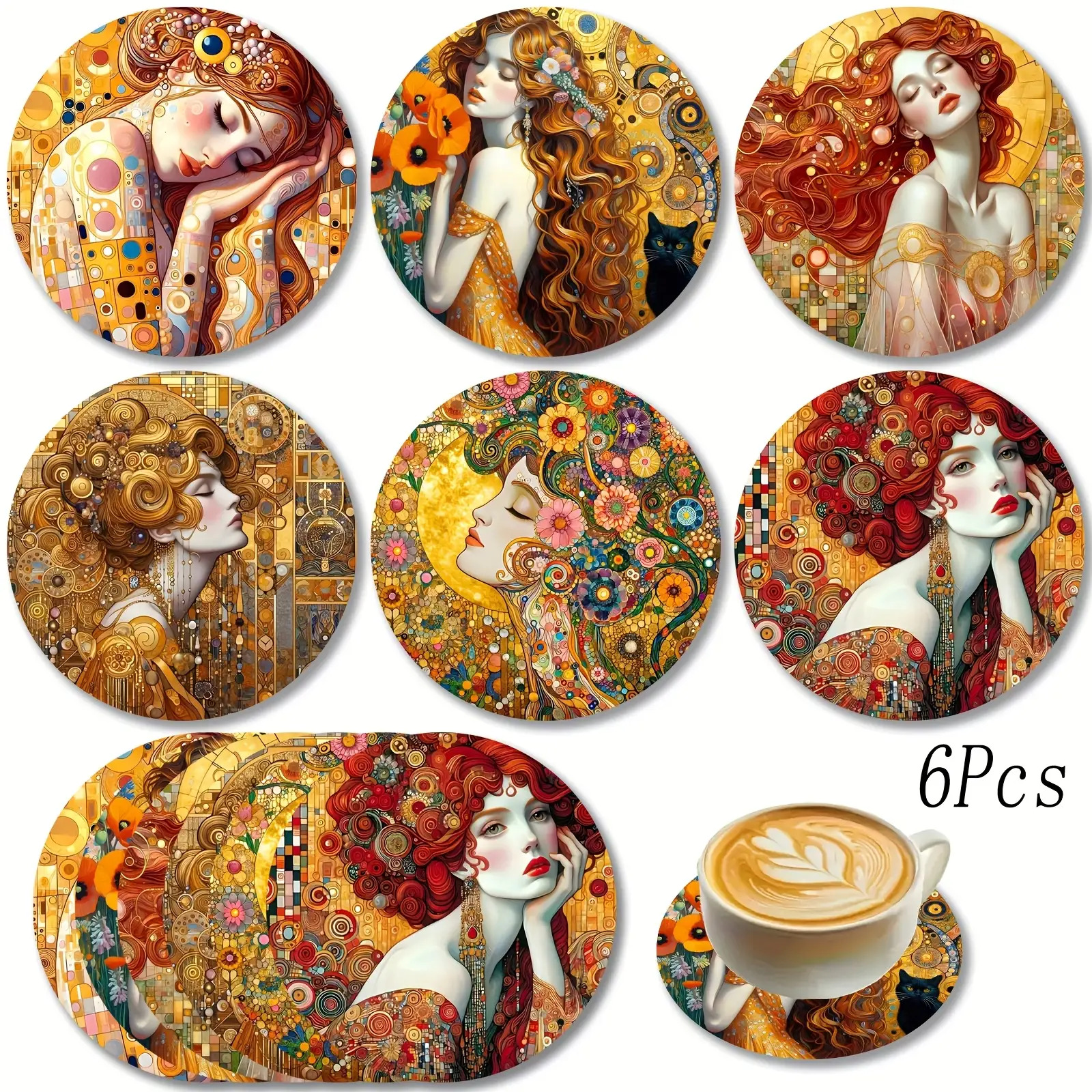 TEMU 6pcs Wooden Set With Klimt-themed Designs, Wooden Heat-resistant Coasters, Home Decor And Office Additions, Holiday