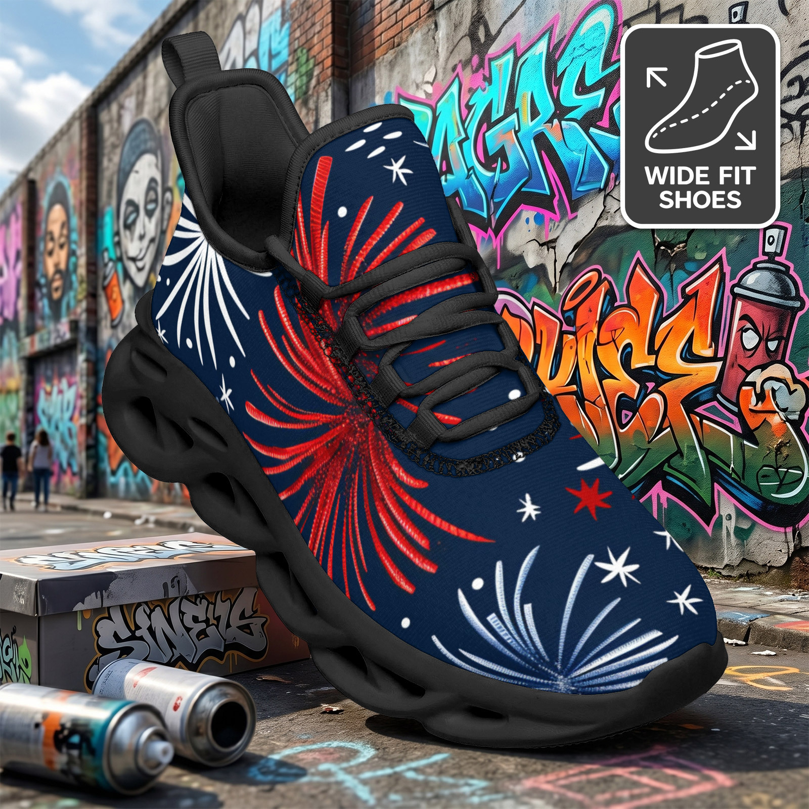 Men's Athletic Running Shoes, Classic Red & Blue Firework Print