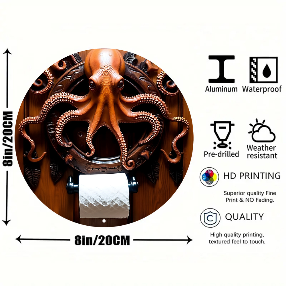 

8" Round Aluminum Octopus-shaped Toilet Paper Holder - Waterproof & Weather-resistant, High- Printed Wall Art For Home, Office, Kitchen, Garden Decor