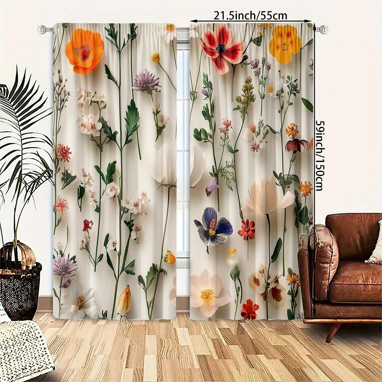 TEMU 2pcs Set Floral Print Light Filtering Curtains - Rod For Easy Hanging, Bedroom, Living Room, Office & Home Decor, Polyester Material, Digital Printing, Suitable For