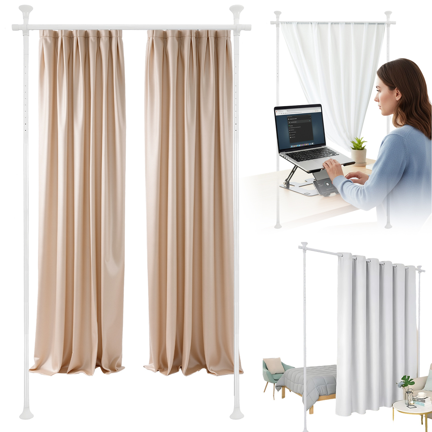 Adjustable No-drill Room Divider Curtain Rod, Heavy-duty Floor-standing Wall Partition, Telescopic Privacy Divider Height 122-320cm Width 70-182cm