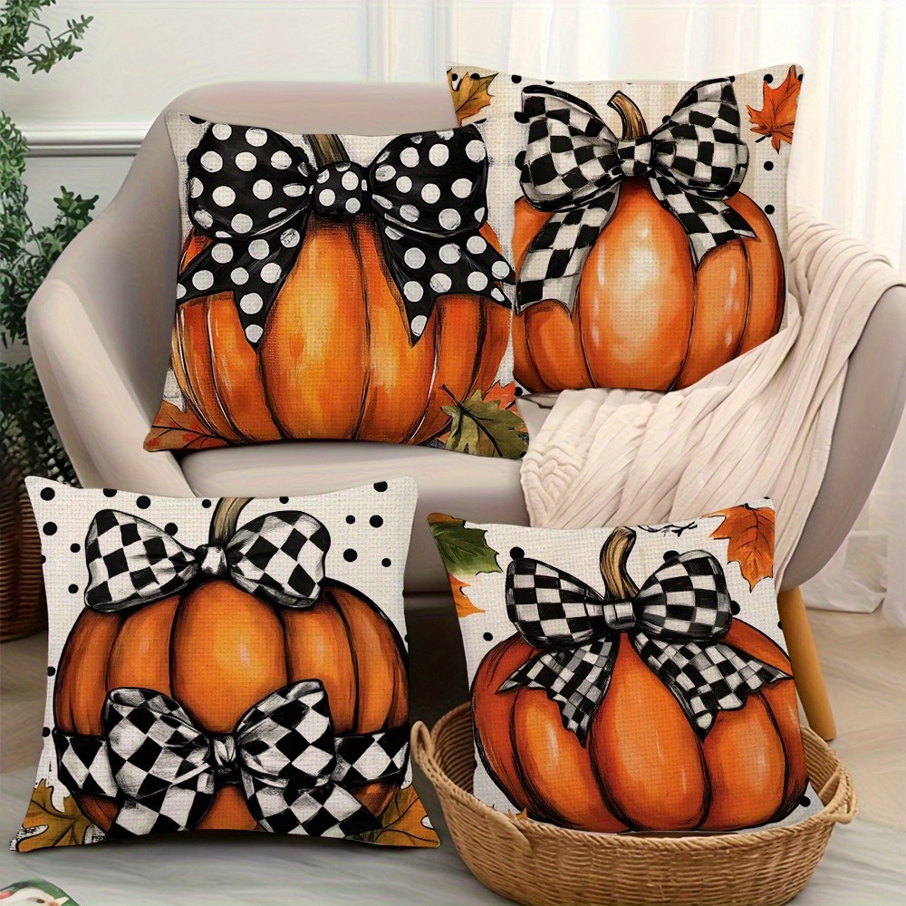 4pcs of cartoon niche bow pumpkin printed zipper pillowcase double sided polyester printed pattern zipper closed home decoration living room bedroom and sofa home decoration not included in the pillow Product details 3