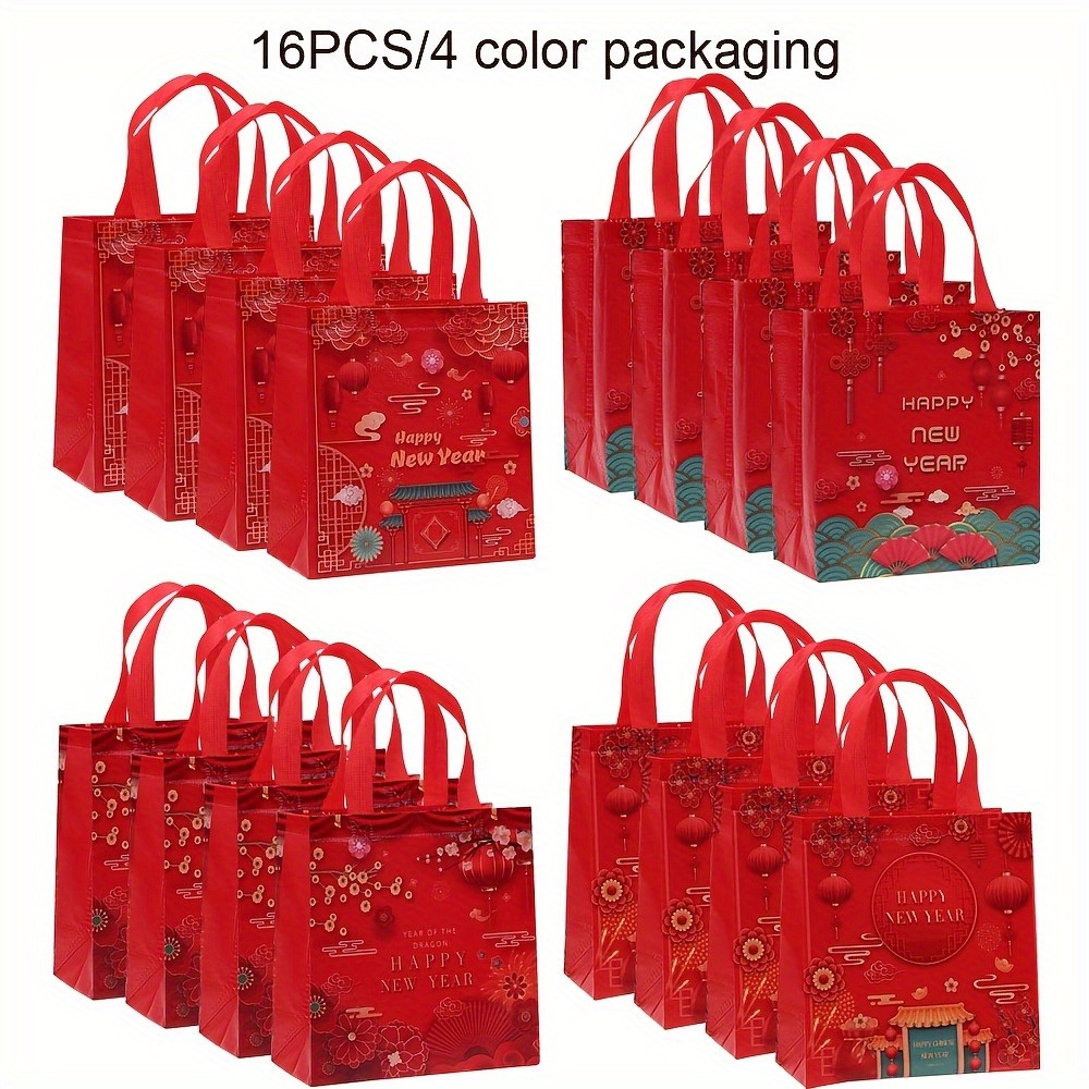 

16-pack Red Happy New Year Tote Bags, Waterproof Woven Polypropylene, Reusable Gift & Snack Bags For Party, Holiday Themed Shopping & Party Favor Bags With Handles