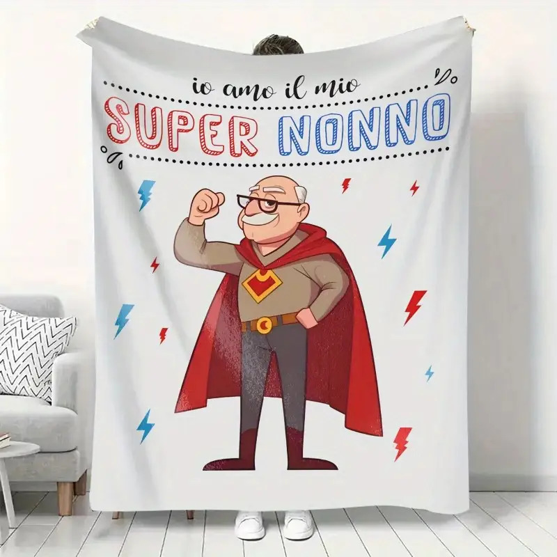 TEMU Coperta in flanella italiana Super , 1 pezzo, stampa piatta 2D - Morbida, e per - Design supereroe in stile cartone animato con testo "Super " -