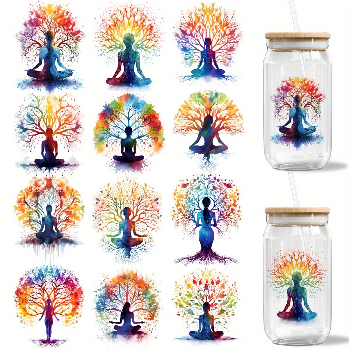 Image of 12pcs/set Tree Of Life Yoga Diy Glass Jar Packaging Stickers Uv Dtf High Self-adhesive Transfer Paper Is Suitable For Decorating Cups And Bottles For Roller Skating And Cycling