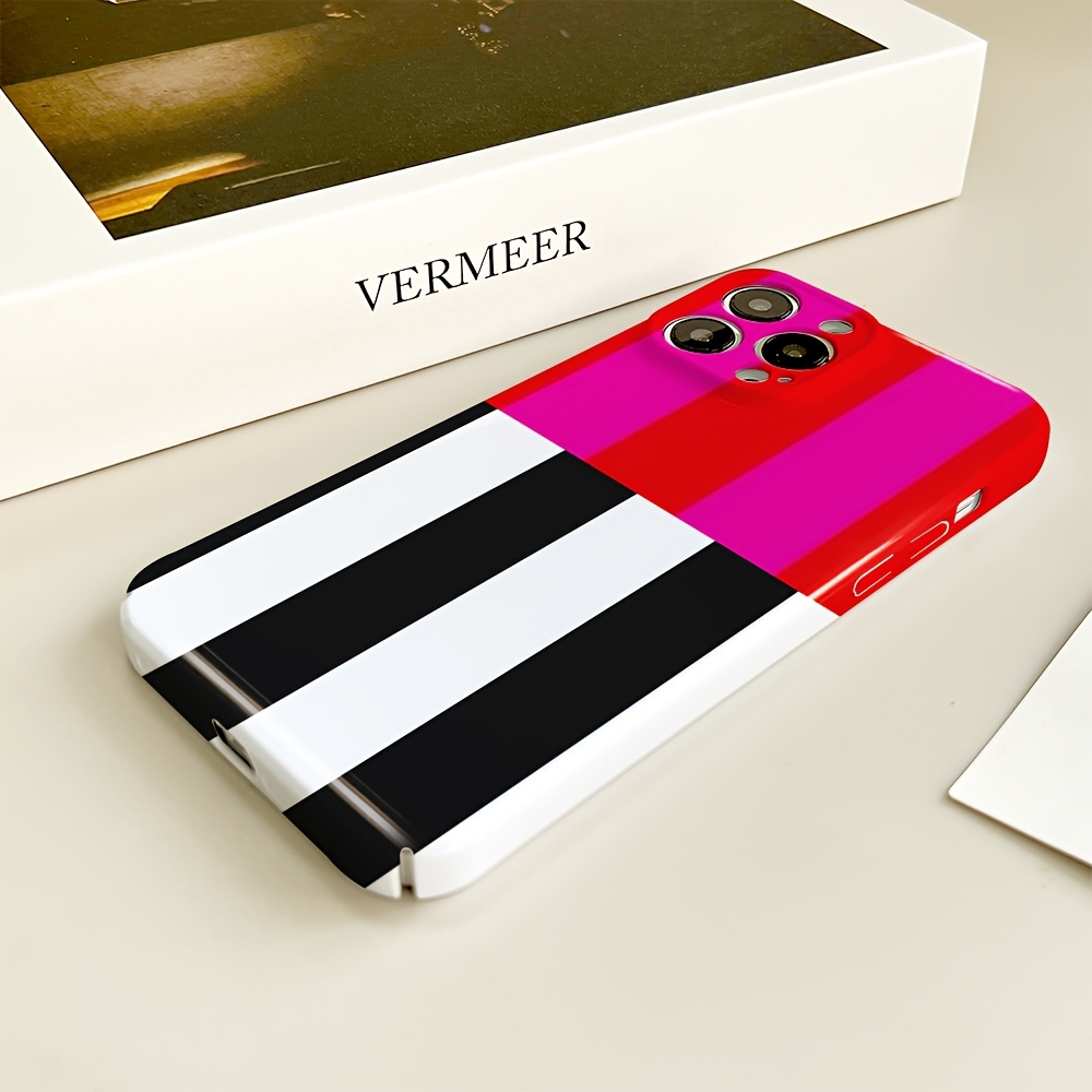 TEMU Phone Case - 2d Printing 1pc, Pink Striped Pattern Individual For Iphone 17/16/15/14/13/12/11/promax/xsmax/x/xr Anti-fall Fine Hole Film Case