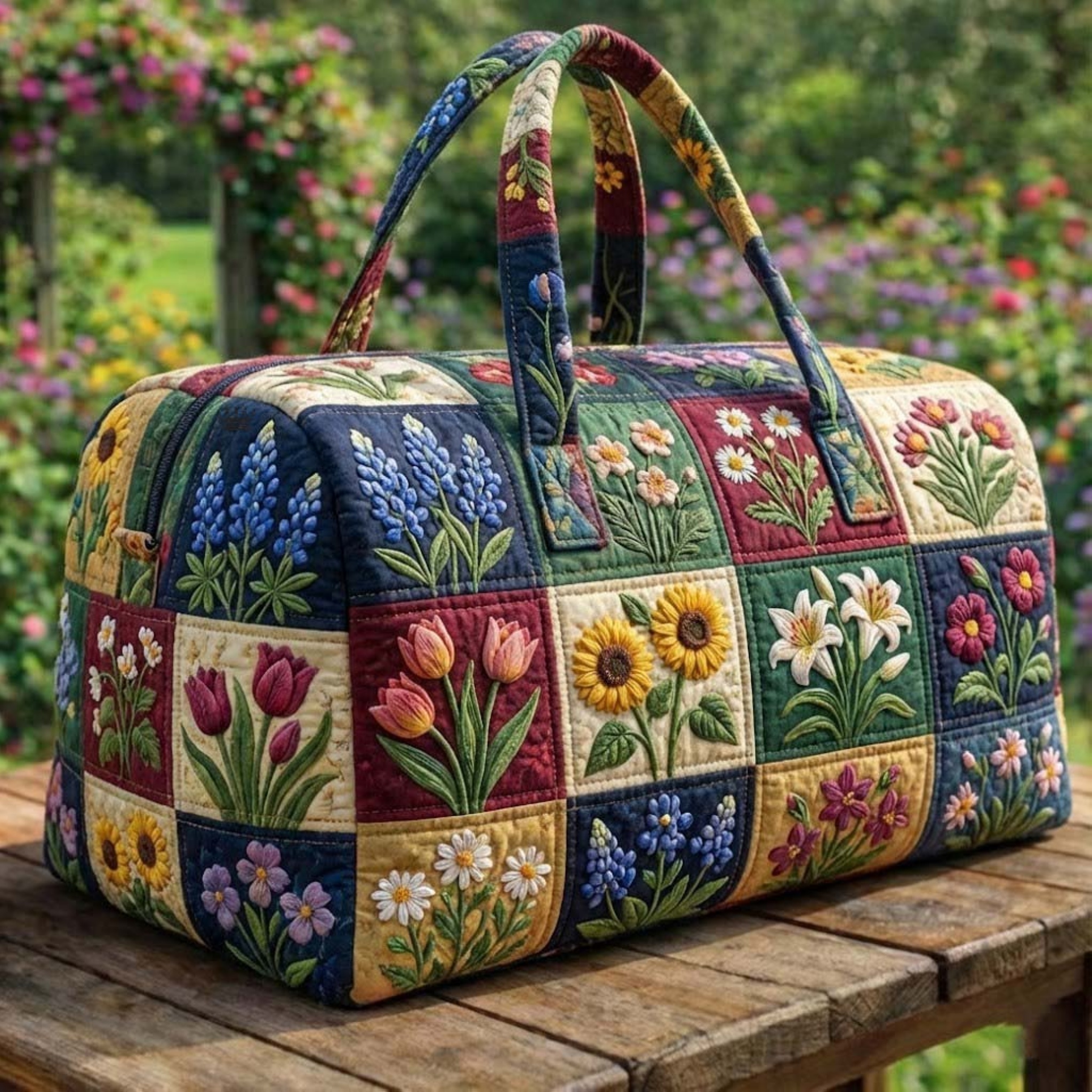 TEMU 1pc Large Capacity Quilted Travel Tote Bag & Duffle Suitable For Vacation, Work, - Soft Vintage Floral Weekender Overnight Bag With Wrist Strap,