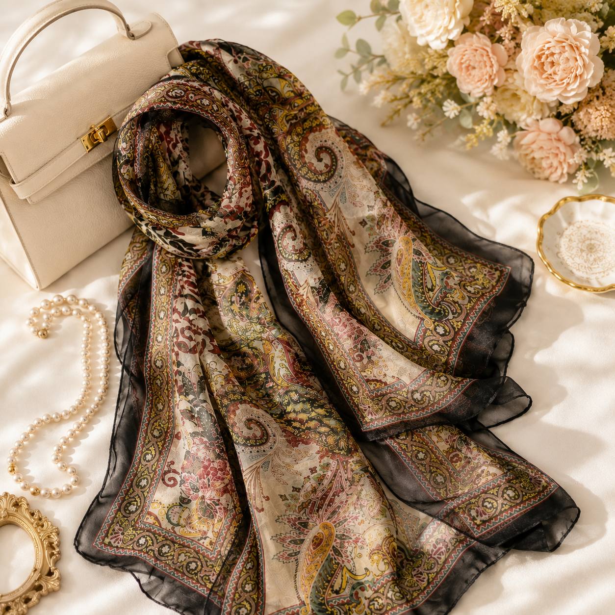 TEMU 1pc Women's 100% Silk Long Scarf, 62.99 X 19.69in Lightweight Sheer Paisley Floral Print Shawl With Elegant Black Border, Vintage Headscarf For