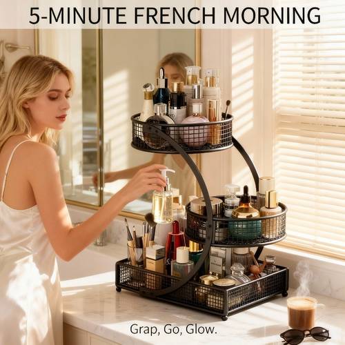 tiered painted organizer featuring a round basket treated to rust designed to for storing cosmetics like lipsticks perfumes and skincare items a perfect gift for women and girls