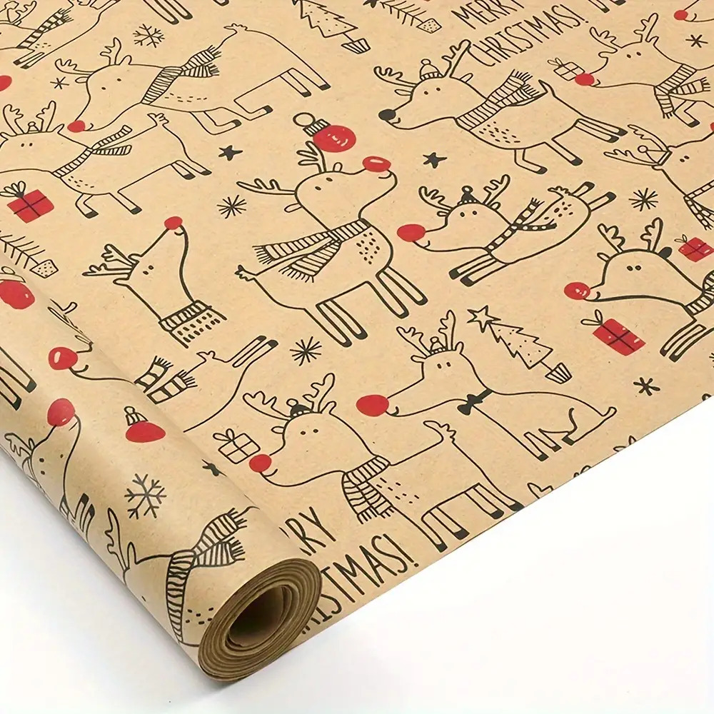 Image of 1 Roll Ultra-long Christmas Wrapping Paper - Width 43cm X Length, Elegant Beige Background With Red-brown Reindeer, Hearts, Bows, Snowflakes - Decor, Large Gift Wrapping, Birthday, Wedding