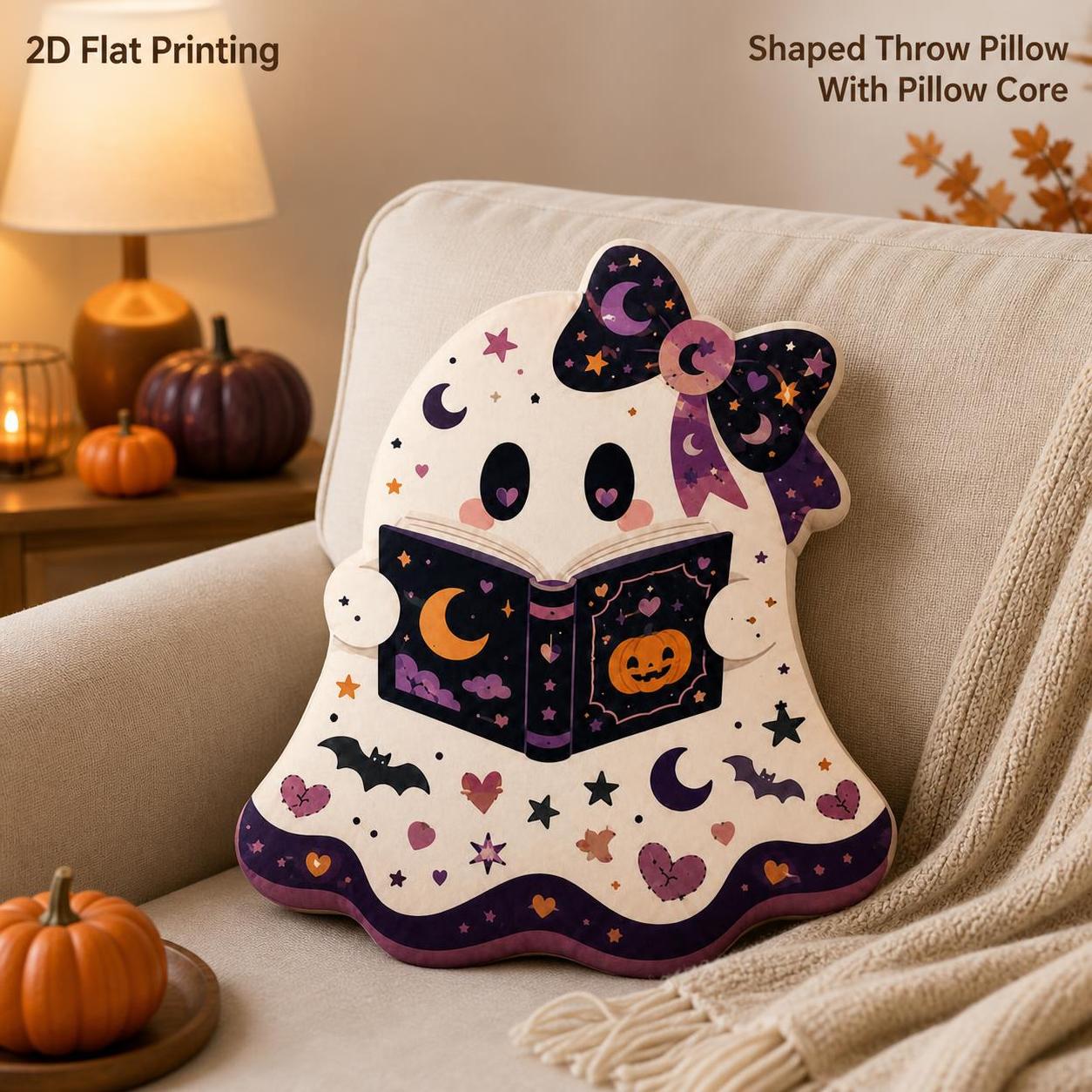 TEMU 1pc Dark Cute Reading Ghost 2d Flat Printing Shaped Stuffed Throw Pillow Decorative Cushion Pillow Bow Book Moon Spooky Cute Reading Lovers