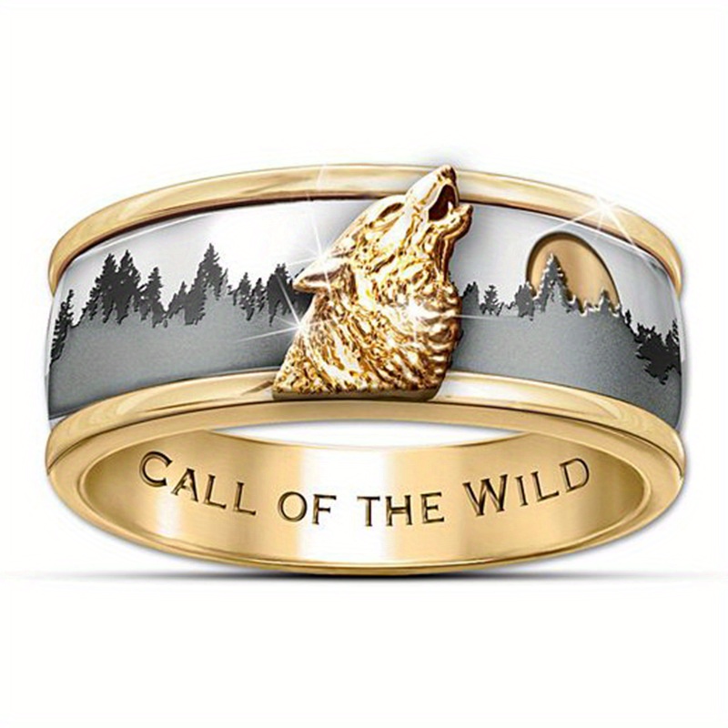 

1pc Wolf Design Ring, Black And Golden Alloy, Men' Accessory