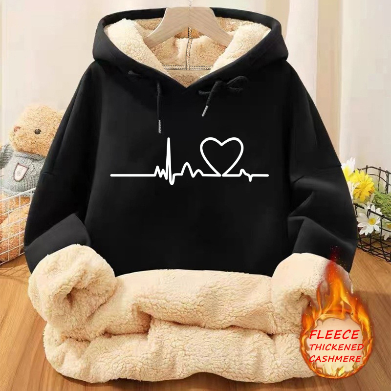 

Chic, Women's Cozy Fleece-lined Hoodie With Heartbeat Print - Casual Pullover For Fall & Winter, Machine Washable