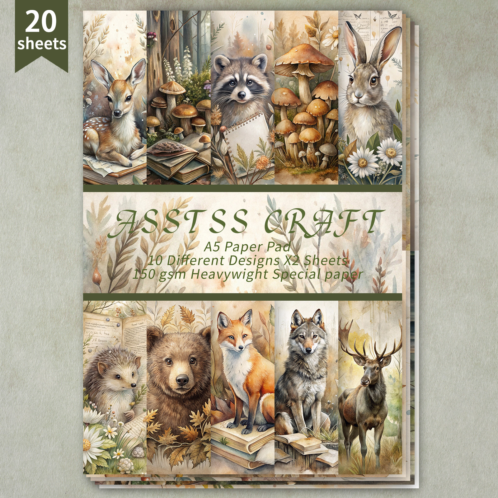 TEMU Asstss 20-sheet A5 Handmade Vintage Set - Cute Forest Animal Theme With, Bear, Fox, Owl - Diy Scrapbooking, Journaling, Card Making, Collage Art