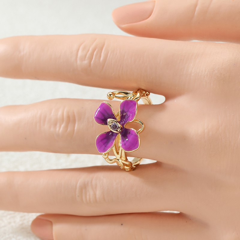 Women's Exquisite Golden Enamel Flower Ring, Cute Gift