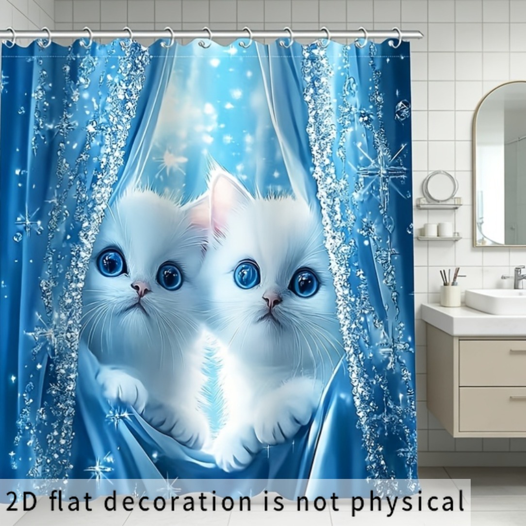 TEMU 2d Flat, 2d Flat, 2d Curtain 1pc White Cat Pattern Shower Curtain, Shower Curtain, Can Instantly Up The Bathroom