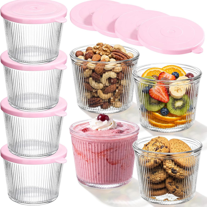 TEMU Appker 4/6/8pcs Set Of Small Covered Glass Bowls, 6.8 Oz., Clear Ribbed Glass Containers, Stackable, Suitable For Desserts, Puddings, Sauces,
