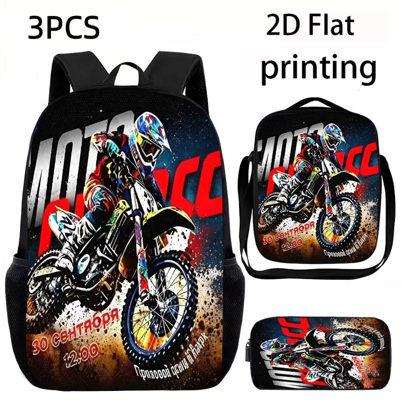 TEMU 3pcs Unisex Large Capacity Backpack Set With 2d Flat Printed Cool Motorcycle Design, Adjustable Shoulder Straps, And Zipper Closure. The Set